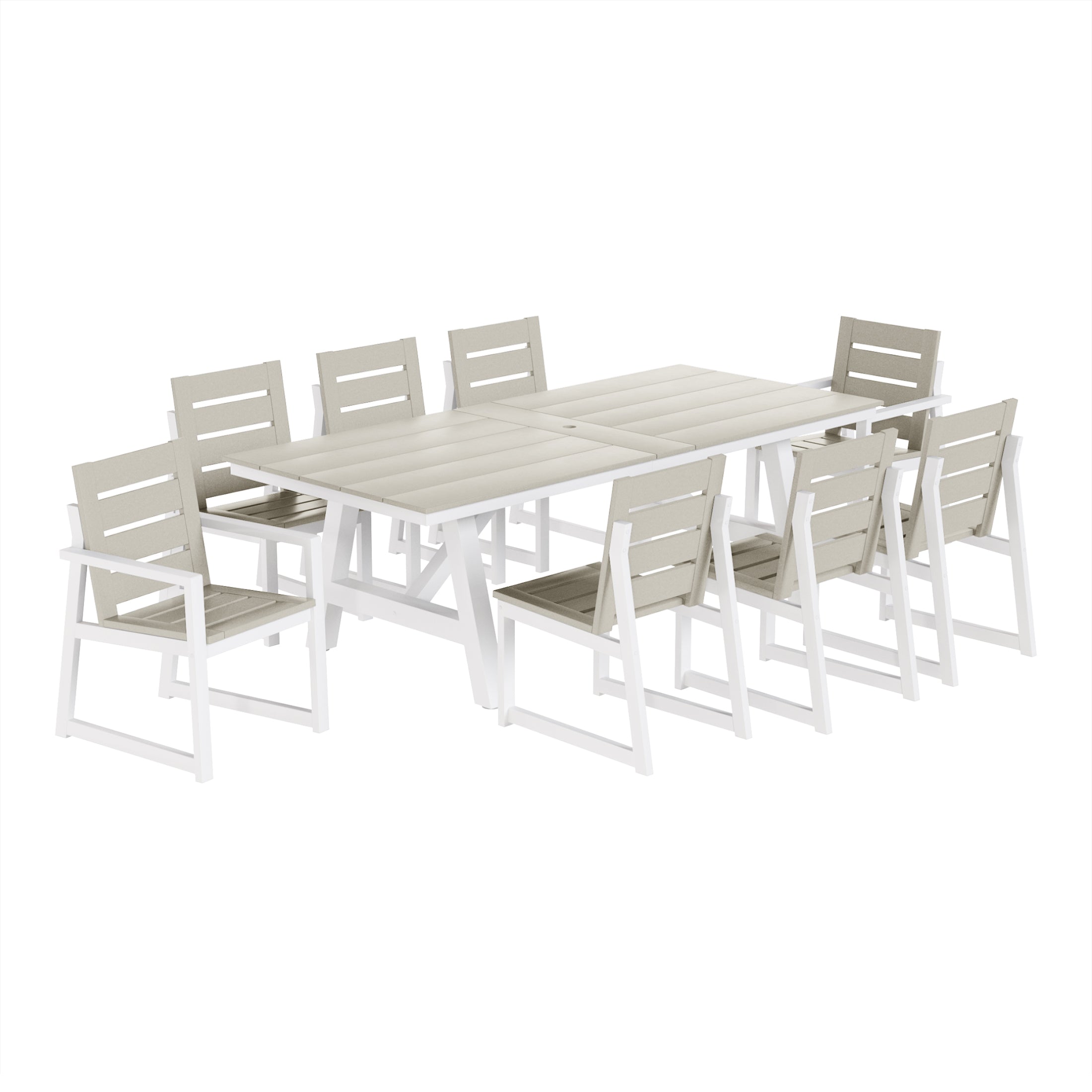 Cape May 9-Piece HDPE Outdoor Furniture Patio Dining Table With Umbrella Hole and Chairs Set For 8