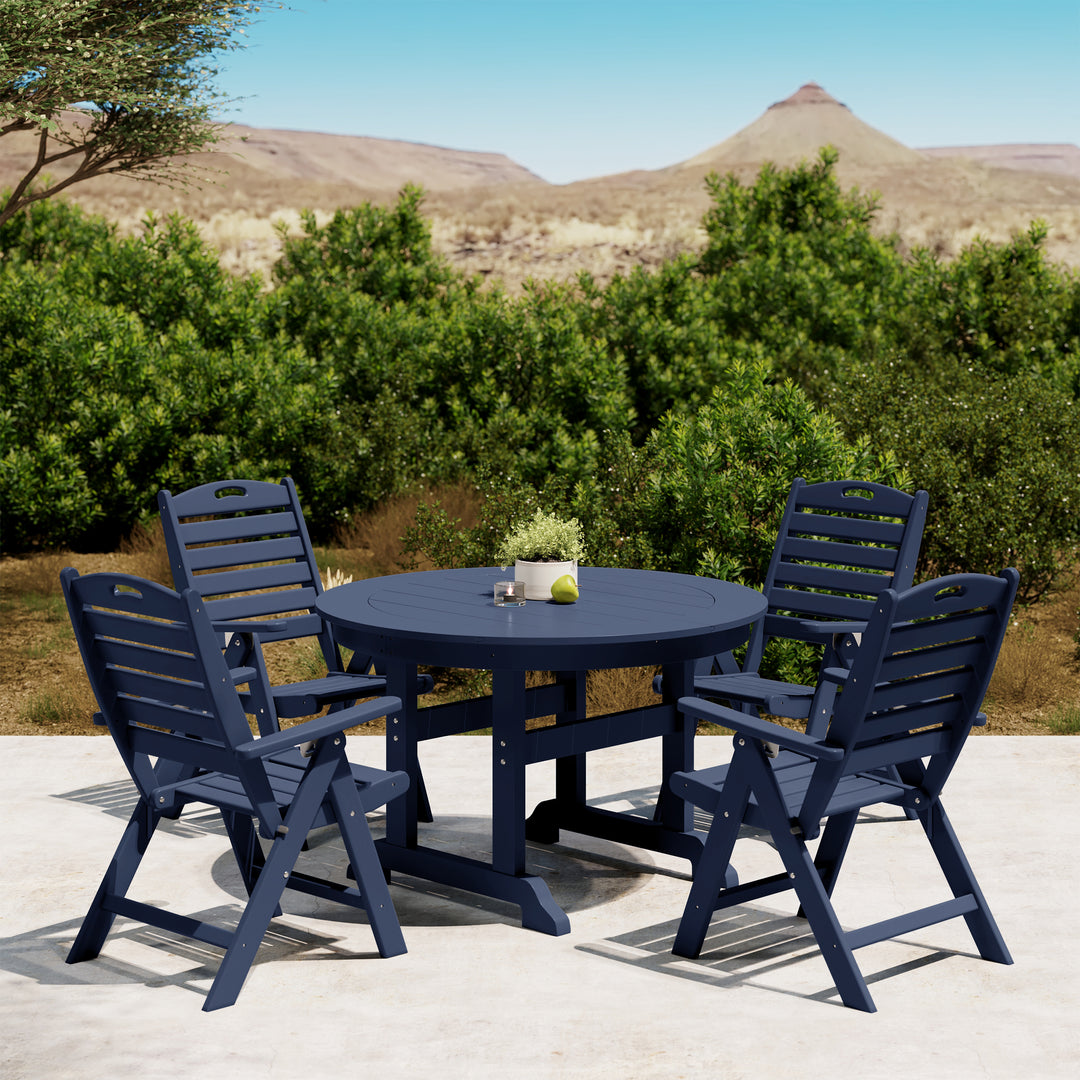 Malibu 5-Piece HDPE Round Patio Dining Table Set with Foldable Chairs