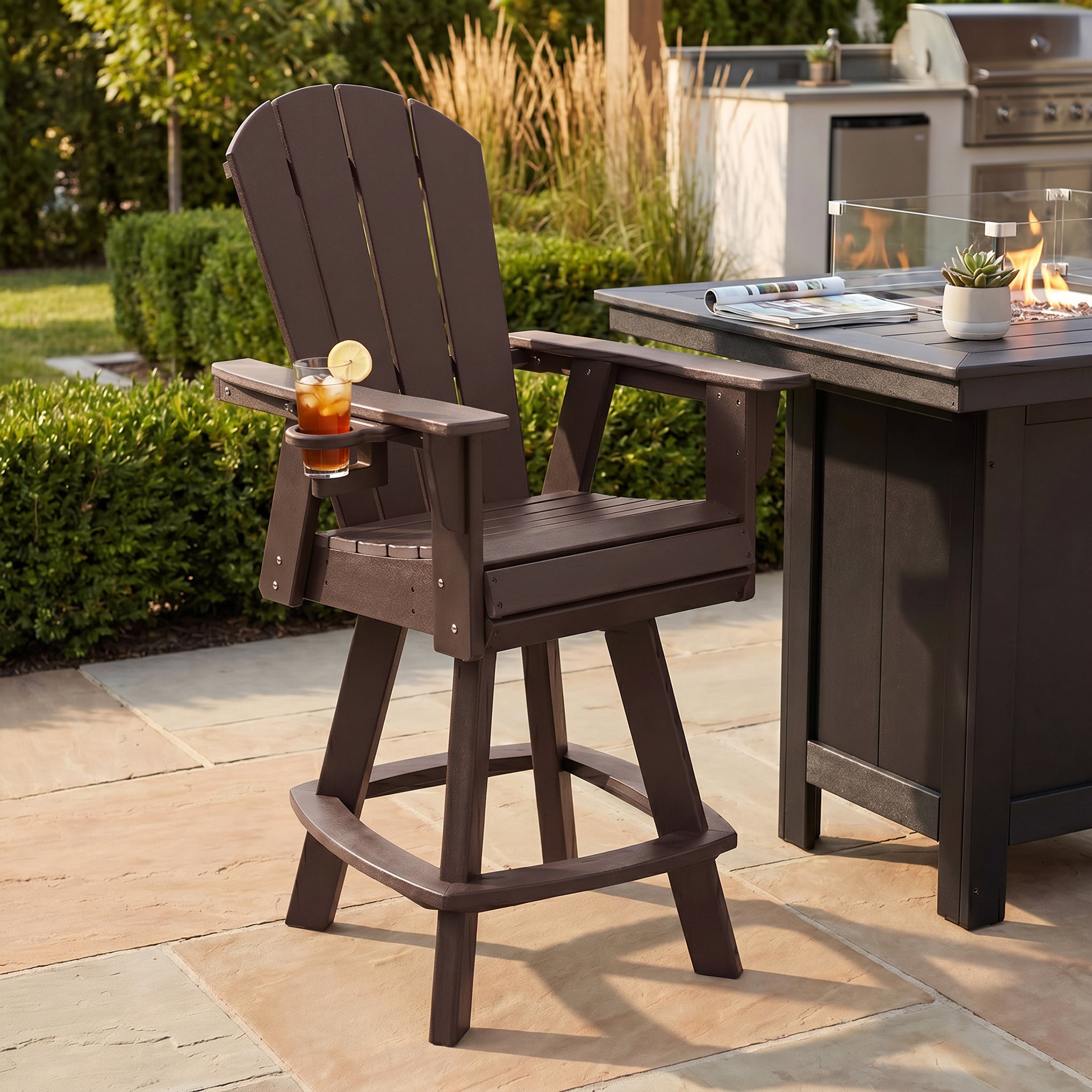 Malibu Outdoor HDPE Swivel Adirondack Bar Height Chair With Cup Holder