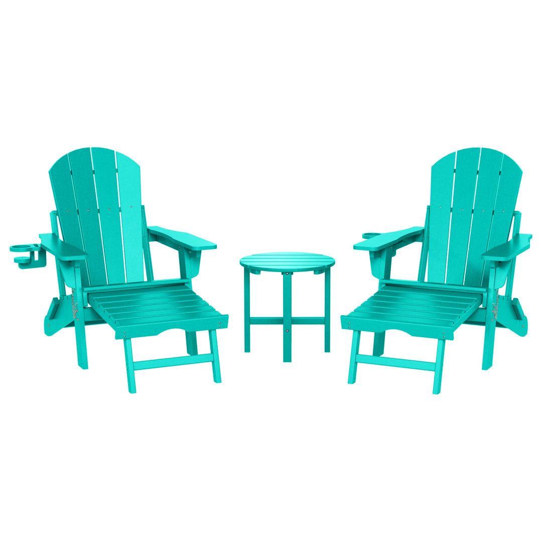 Malibu 3-Piece Outdoor Folding Adjustable Adirondack Chair with Cup Holder & Hideaway Ottoman and 18" Side Table