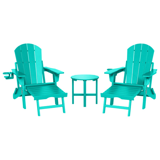 Malibu 3-Piece Outdoor Folding Adjustable Adirondack Chair with Cup Holder & Hideaway Ottoman and 18" Side Table