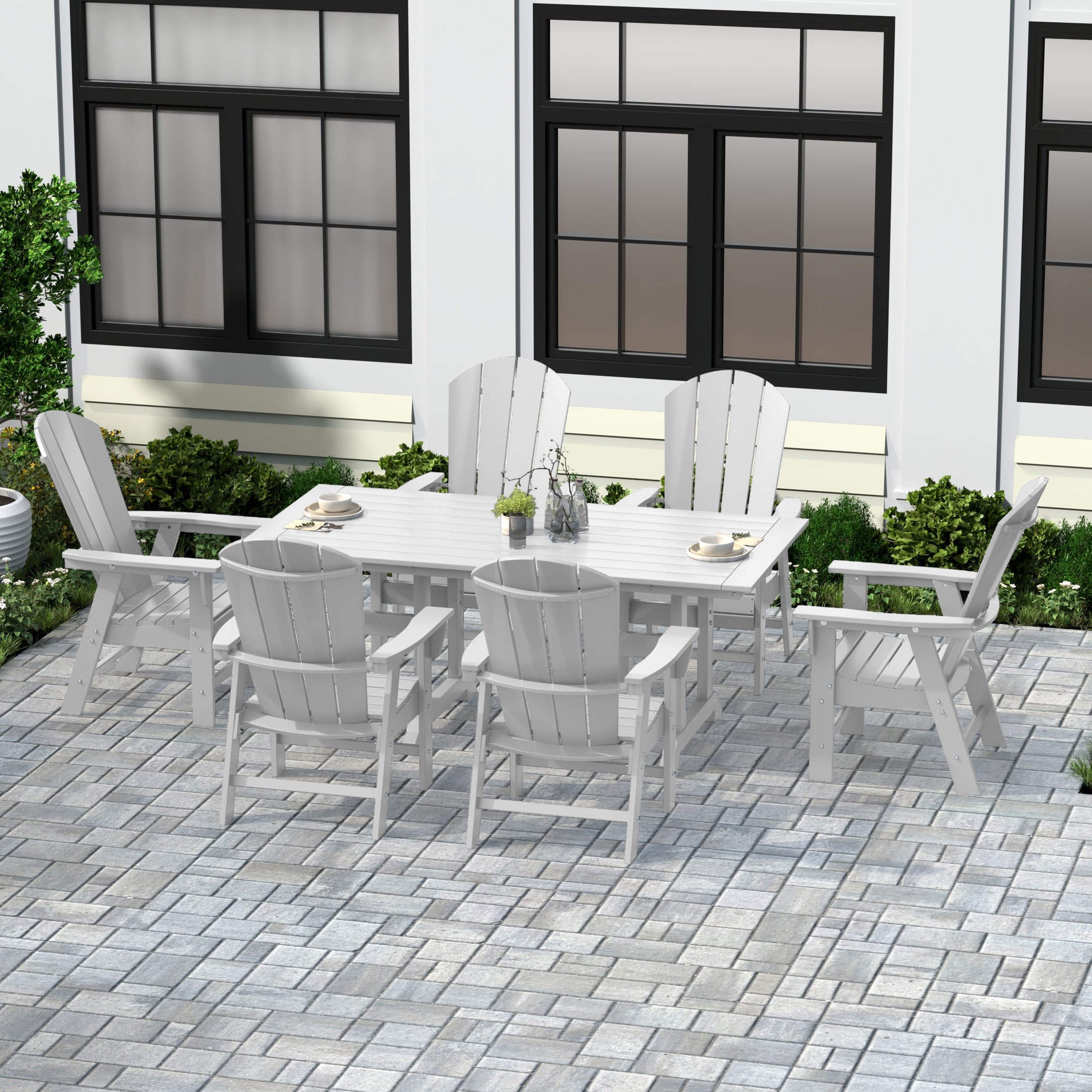 Malibu 7 Piece Outdoor Patio Dining Table and Adirondack Armchair
