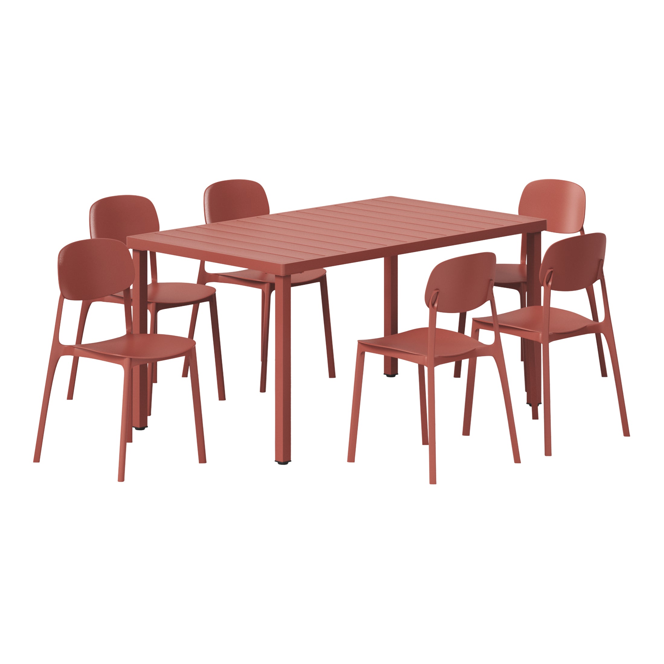 Playa 7-Piece Outdoor Rectangular Metal Patio Dining Table Set With Mid-Century Modern Stackable Patio Side Chairs