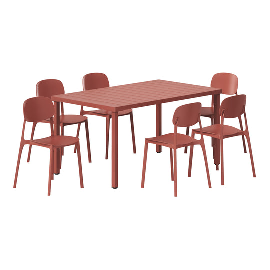 Playa 7-Piece Outdoor Rectangular Metal Patio Dining Table Set With Mid-Century Modern Stackable Patio Side Chairs