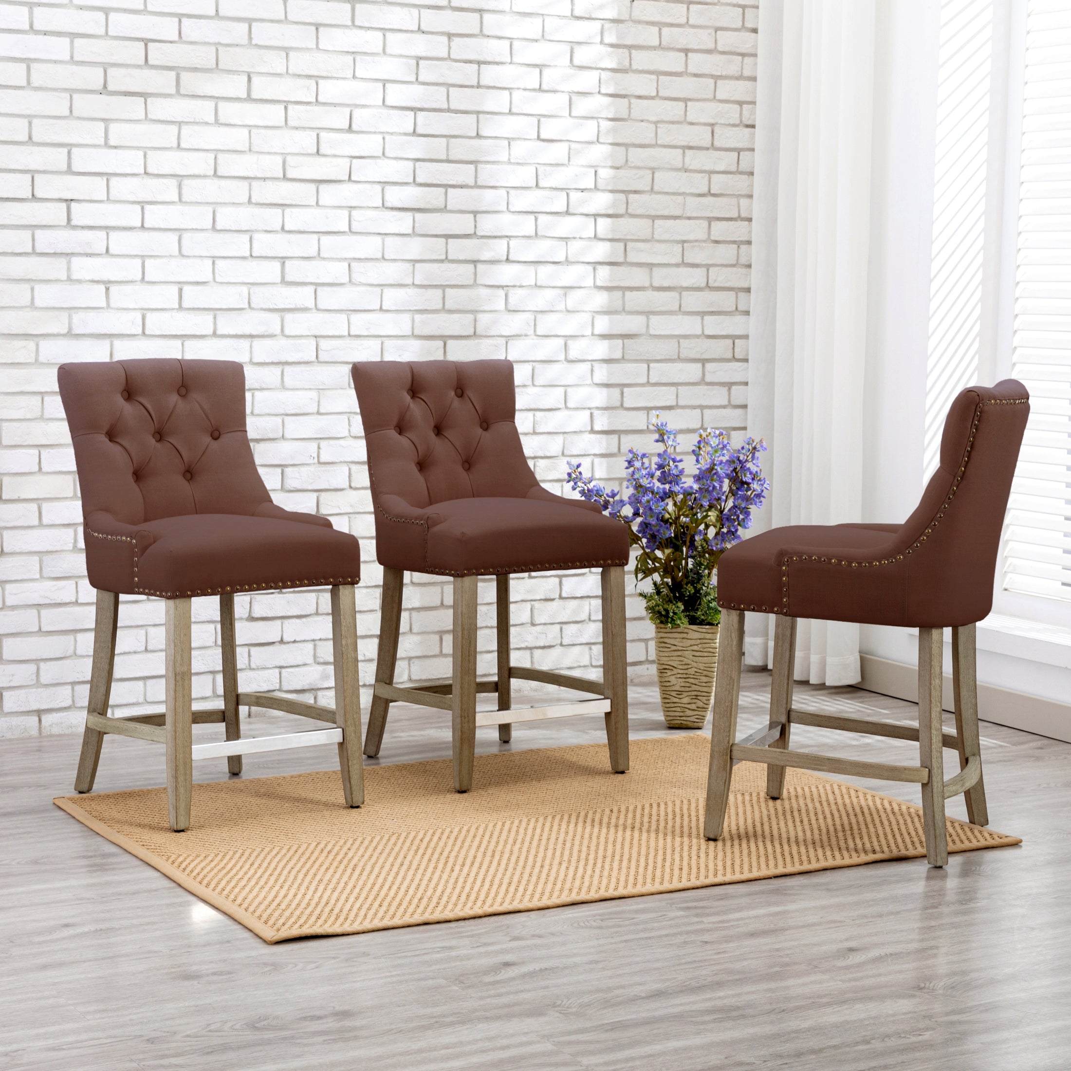 Hayes 24" Upholstered Wood Bar Stool with Tufted Back (Set of 3)