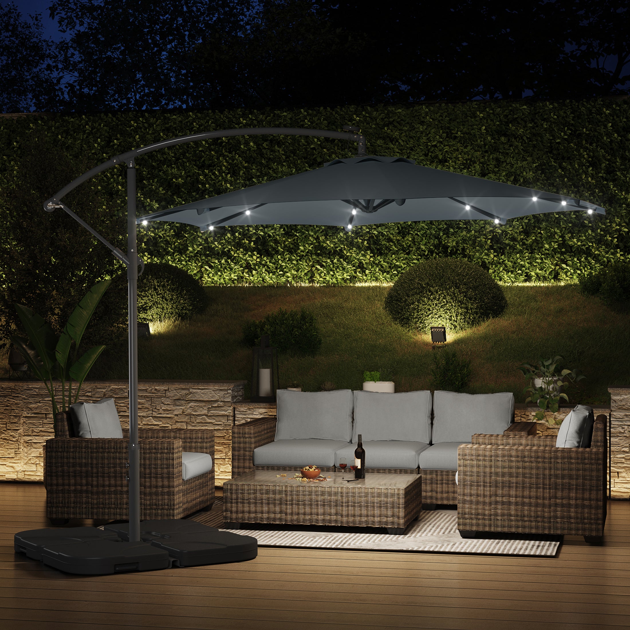 led light for patio umbrella Remote Control 2 inch bulb spacing on clear wire 9ft Solar Patio Umbrella With