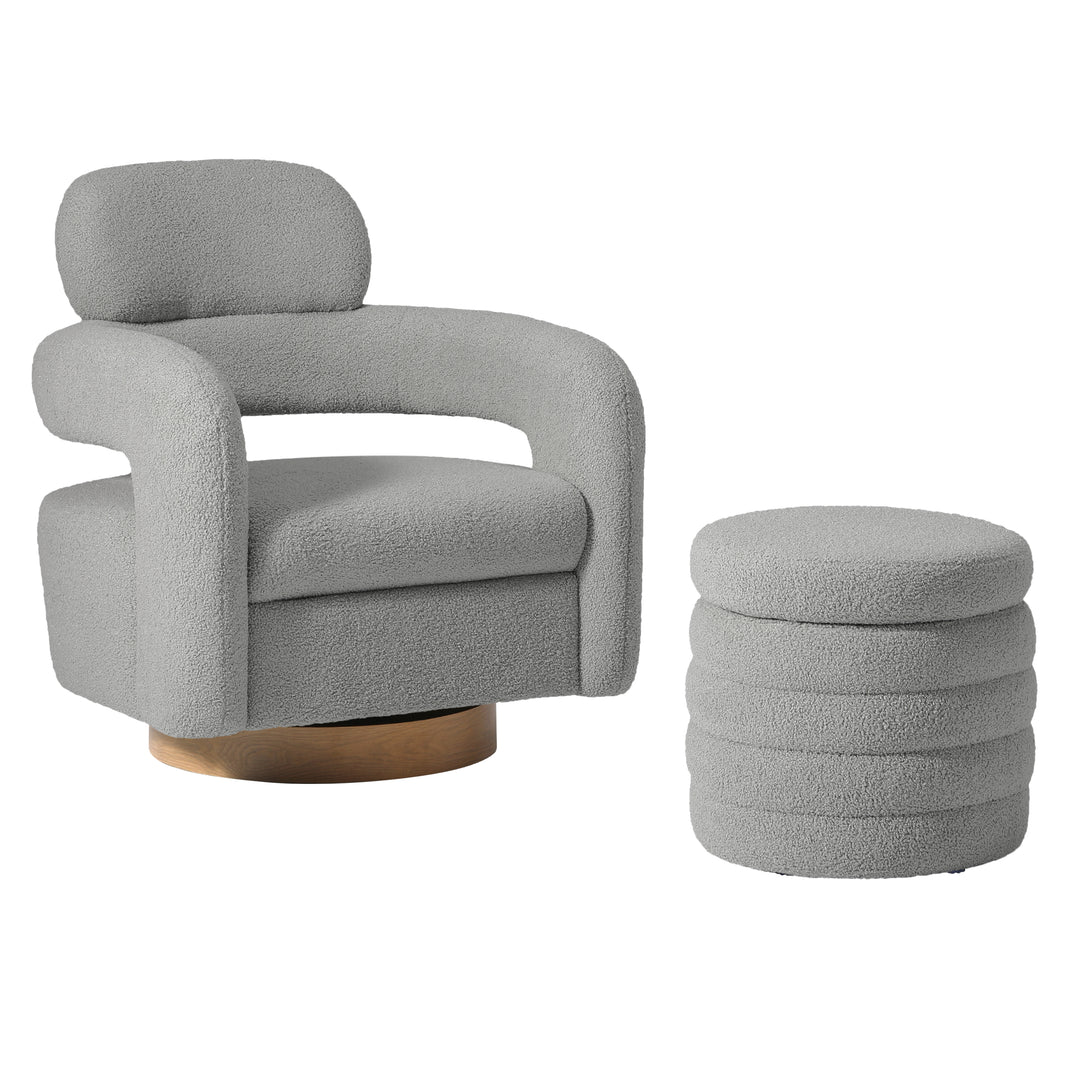 Alexandria Mid-Century Modern Sherpa Swivel Barrel Accent Chair With Storage Ottoman