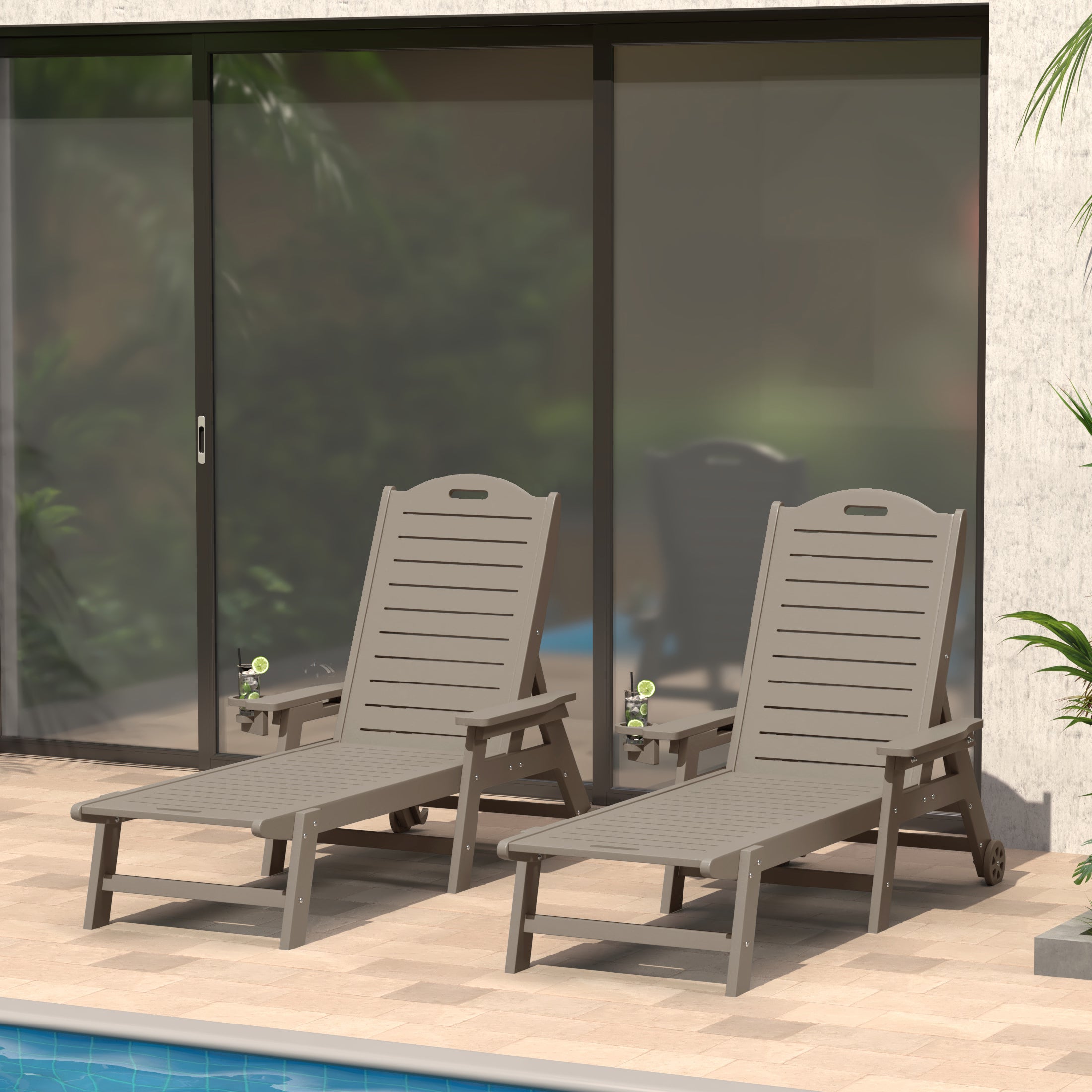Aruba Outdoor HDPE Patio Chaise Lounges With Wheels & Cup Holder (Set of 2)