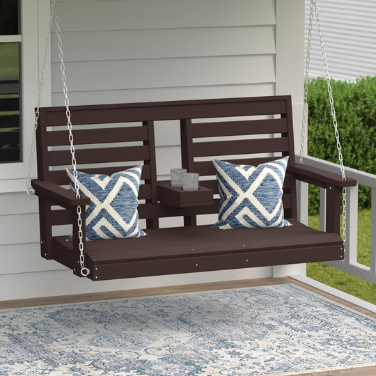 St Charles Outdoor HDPE 54" Front Hanging Porch Swing Bench With Cupholders