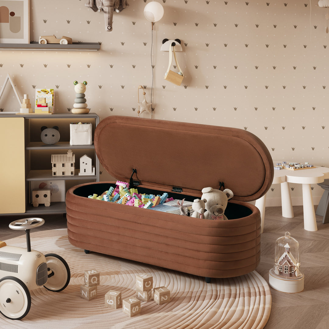 Phoebe 54" Wide Mid-Century Modern Upholstered Velvet Tufted Oval Storage Ottoman Bench