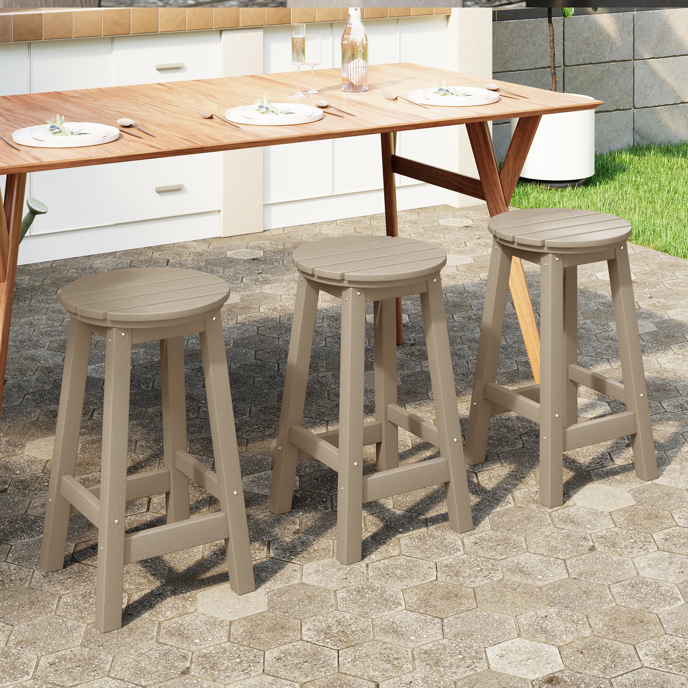 Malibu 24" HDPE Outdoor Patio Round Counter Height Bar Stool Set of 3