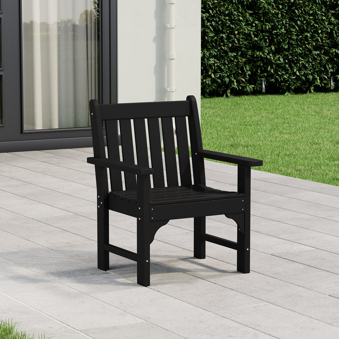 Malibu Adirondack dining arm chair in Black styled outdoors