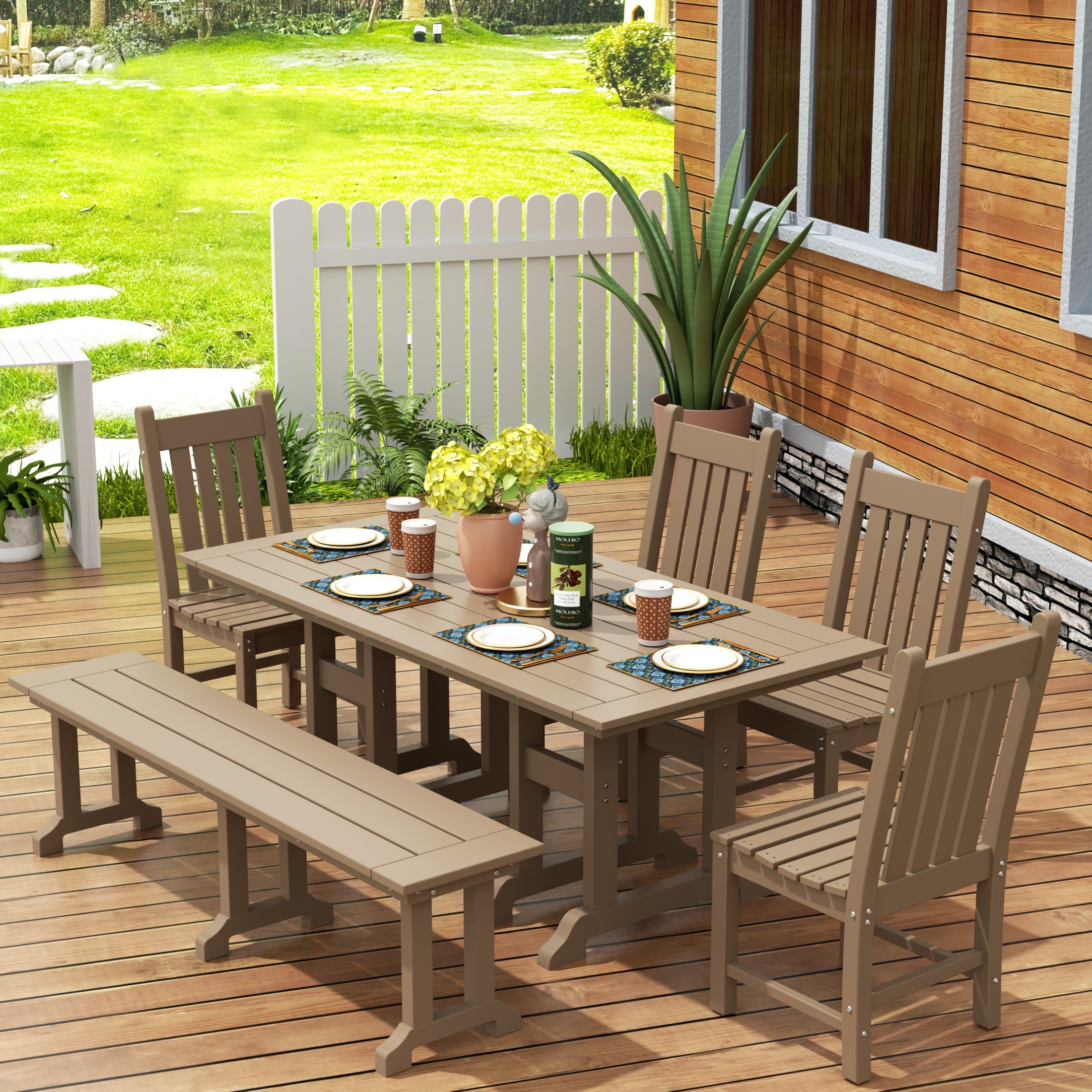 Malibu 6-Piece Outdoor Patio Dining Set Outdoor Table and Bench Chair Set