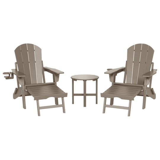 Malibu 3-Piece Outdoor Folding Adjustable Adirondack Chair with Cup Holder & Hideaway Ottoman and 18" Side Table