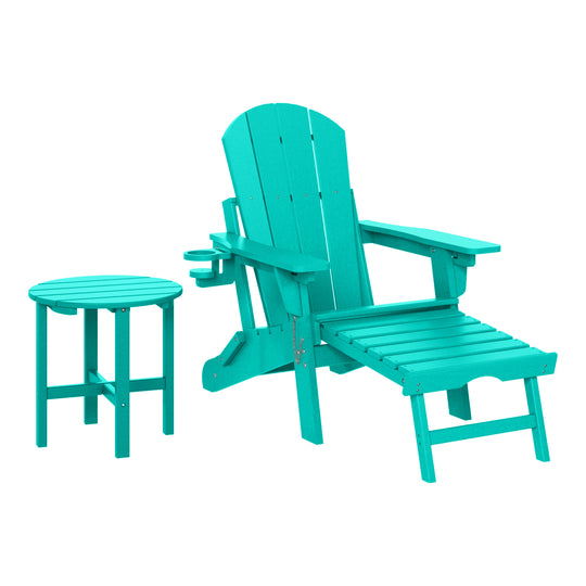 Malibu 2-Piece Outdoor Folding Adjustable Adirondack Chair with Cup Holder & Hideaway Ottoman and 18" Side Table