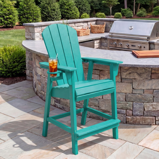 Malibu Outdoor HDPE  Tall Adirondack Counter Height Bar Chair With Cup Holder
