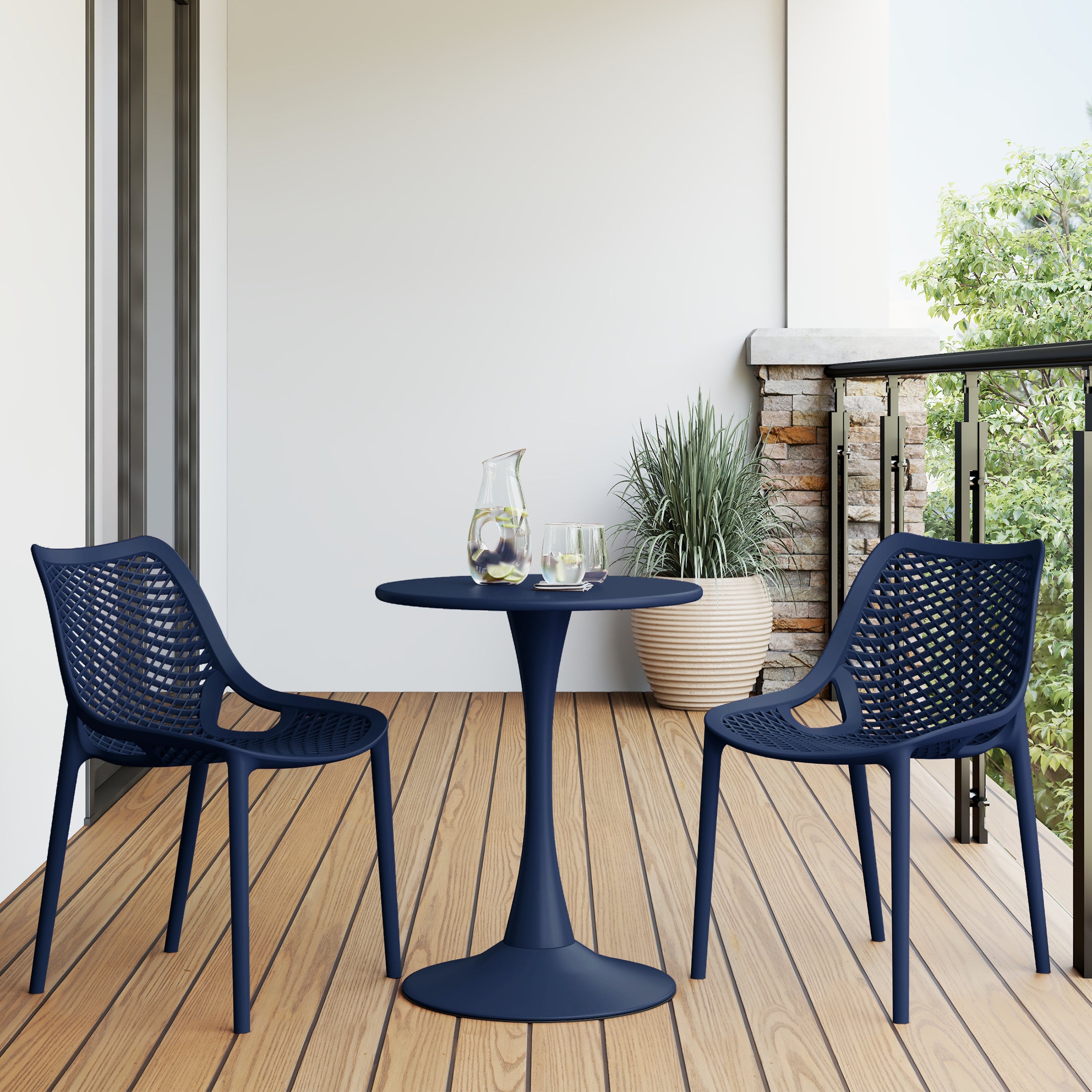 Playa 3-Piece Outdoor Round Metal Dining Table Set And Stackable Resin Patio Dining Side Chairs