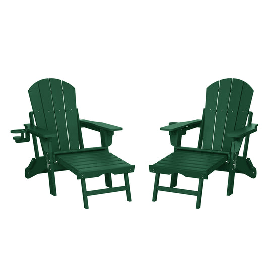 Malibu Folding Adjustable Adirondack Chair with Retractable Ottoman and Cup Holder (Set of 2)
