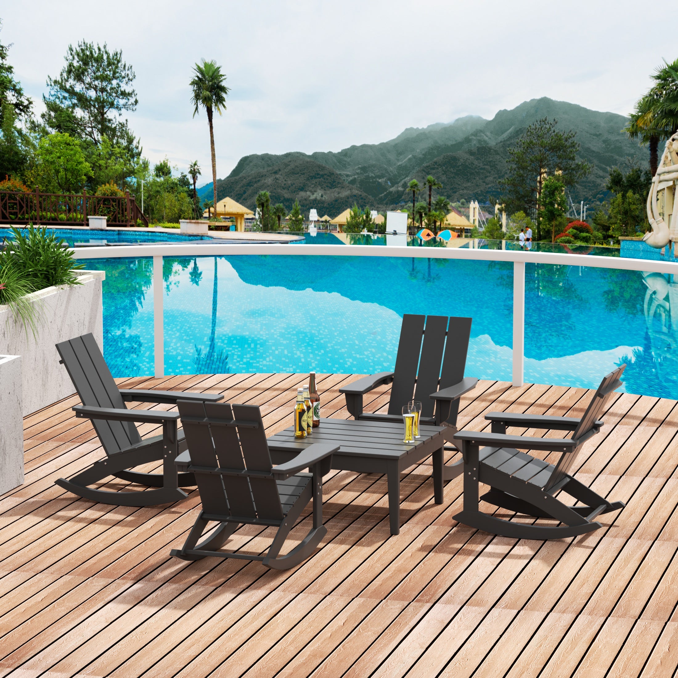 Ashore 5-Piece Set Modern Plastic Outdoor Rocking Chairs with Square Side Table