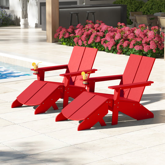 Riviera Outdoor 4-Piece HDPE Modern Adirondack Chairs Set with Folding Patio Ottomans and Cup Holder