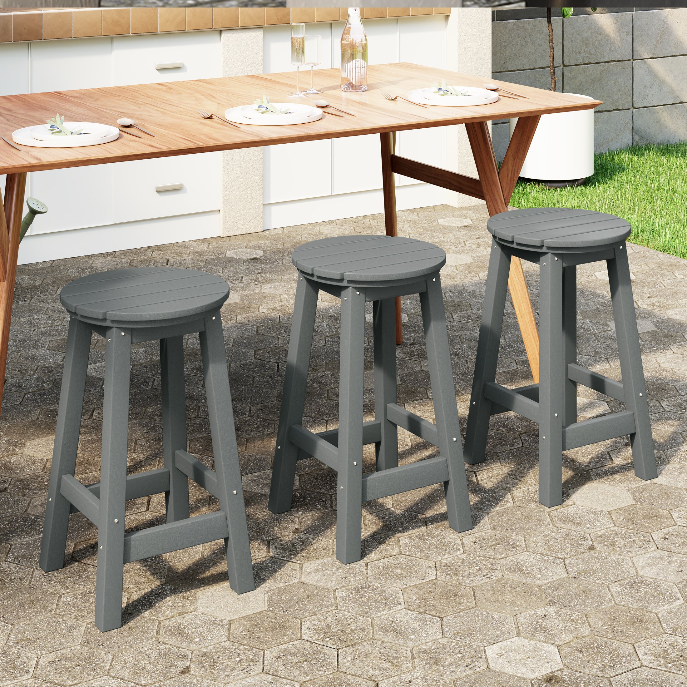 Malibu 24" HDPE Outdoor Patio Round Counter Height Bar Stool Set of 3