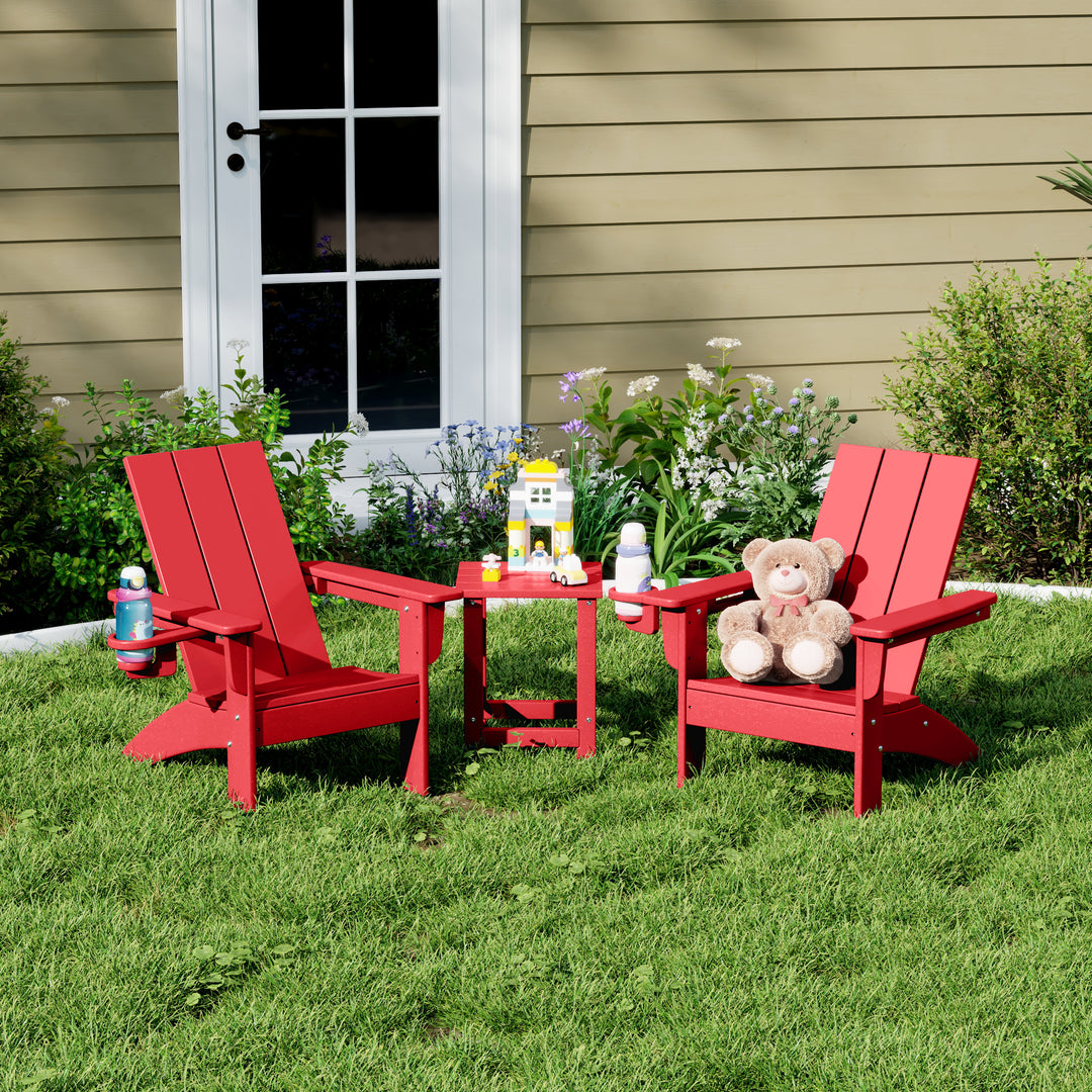 Ashore 3-Piece Kids HDPE Modern Adirondack Chairs Set with Square Side Table and Cup Holders