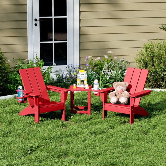 Ashore 3-Piece Kids HDPE Modern Adirondack Chairs Set with Square Side Table and Cup Holders