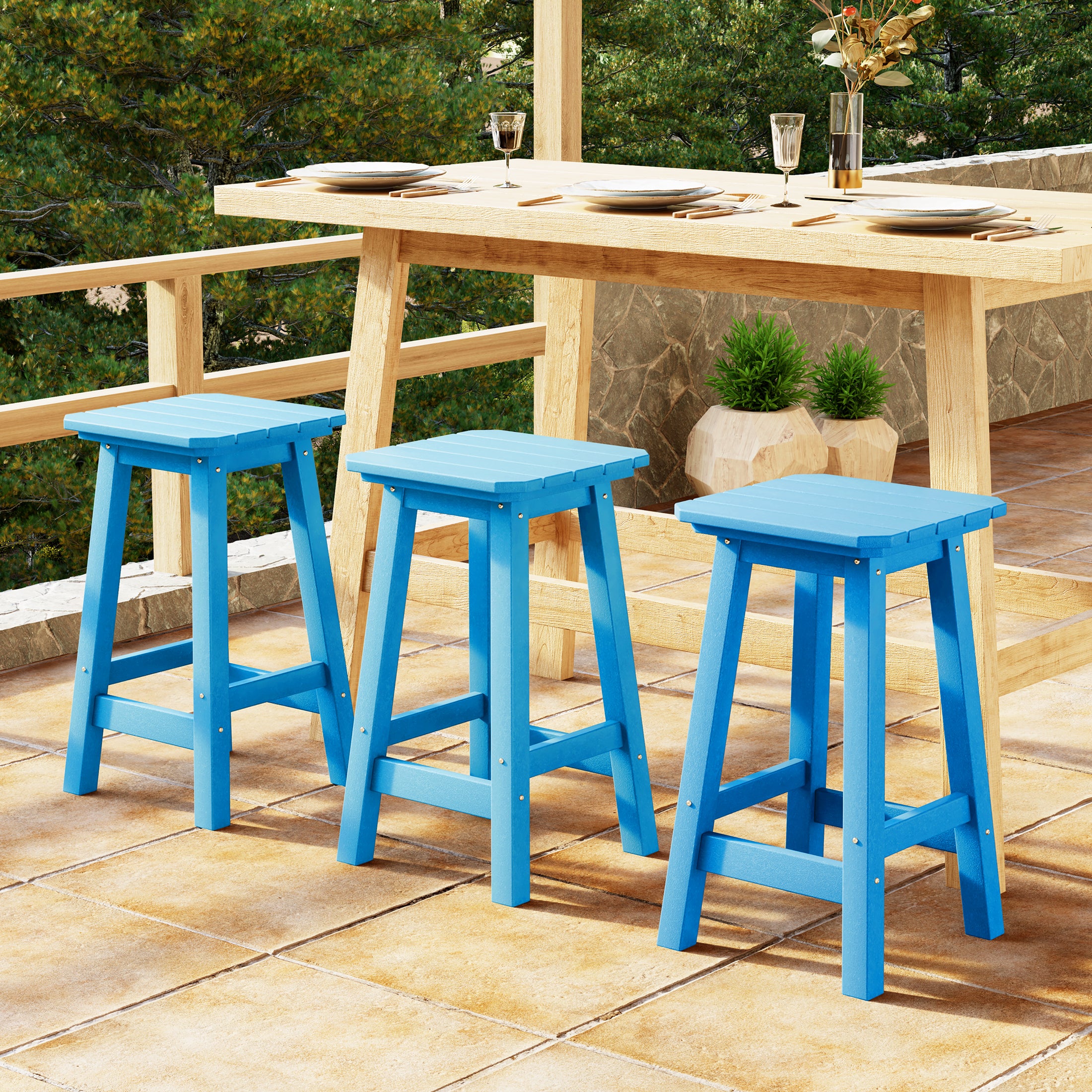 Malibu 24" HDPE Outdoor Patio Counter High Backless Square Bar Stools Set of Three