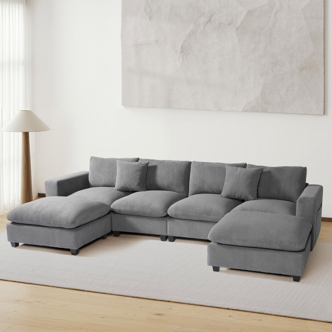 Hearthside 128" Corduroy Modular U-Shaped Sectional Couch and Chaise With USB/Type-C Ports and Side Pockets