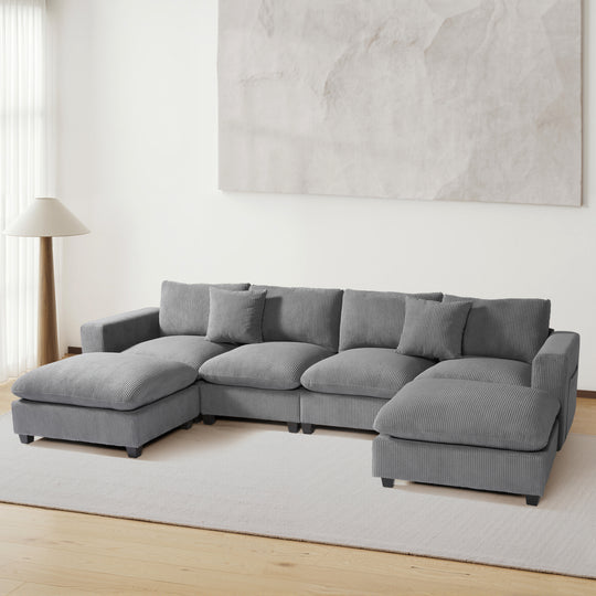 Hearthside 128" Corduroy Modular U-Shaped Sectional Couch and Chaise With USB/Type-C Ports and Side Pockets