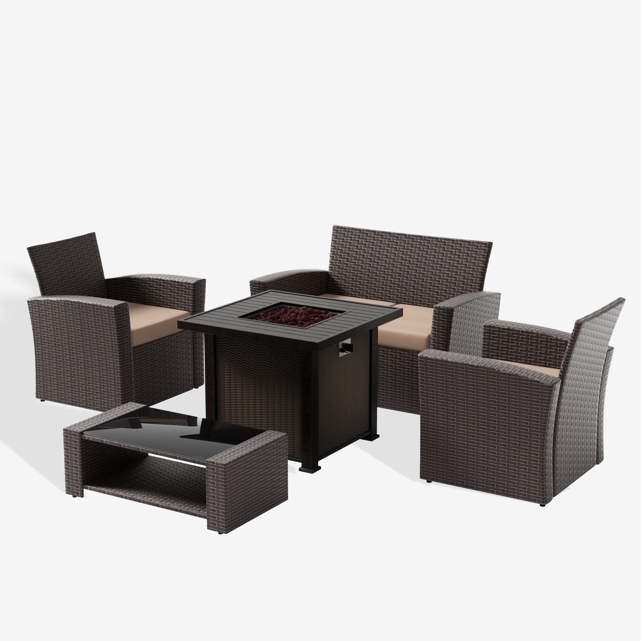 Coastal 4-Piece Conversation Outdoor Patio Sofa Set with Square Fire Pit Table, Chocolate