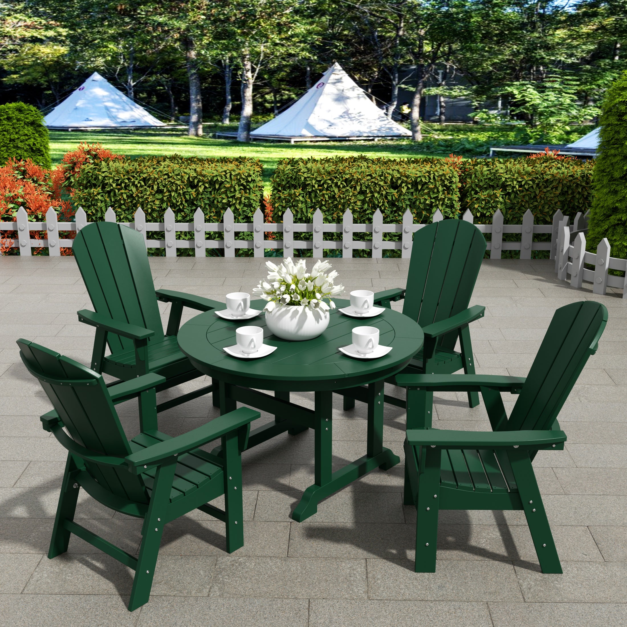 Malibu 5 Piece Outdoor Patio Dining Round Table and Curved Back Armchair Set
