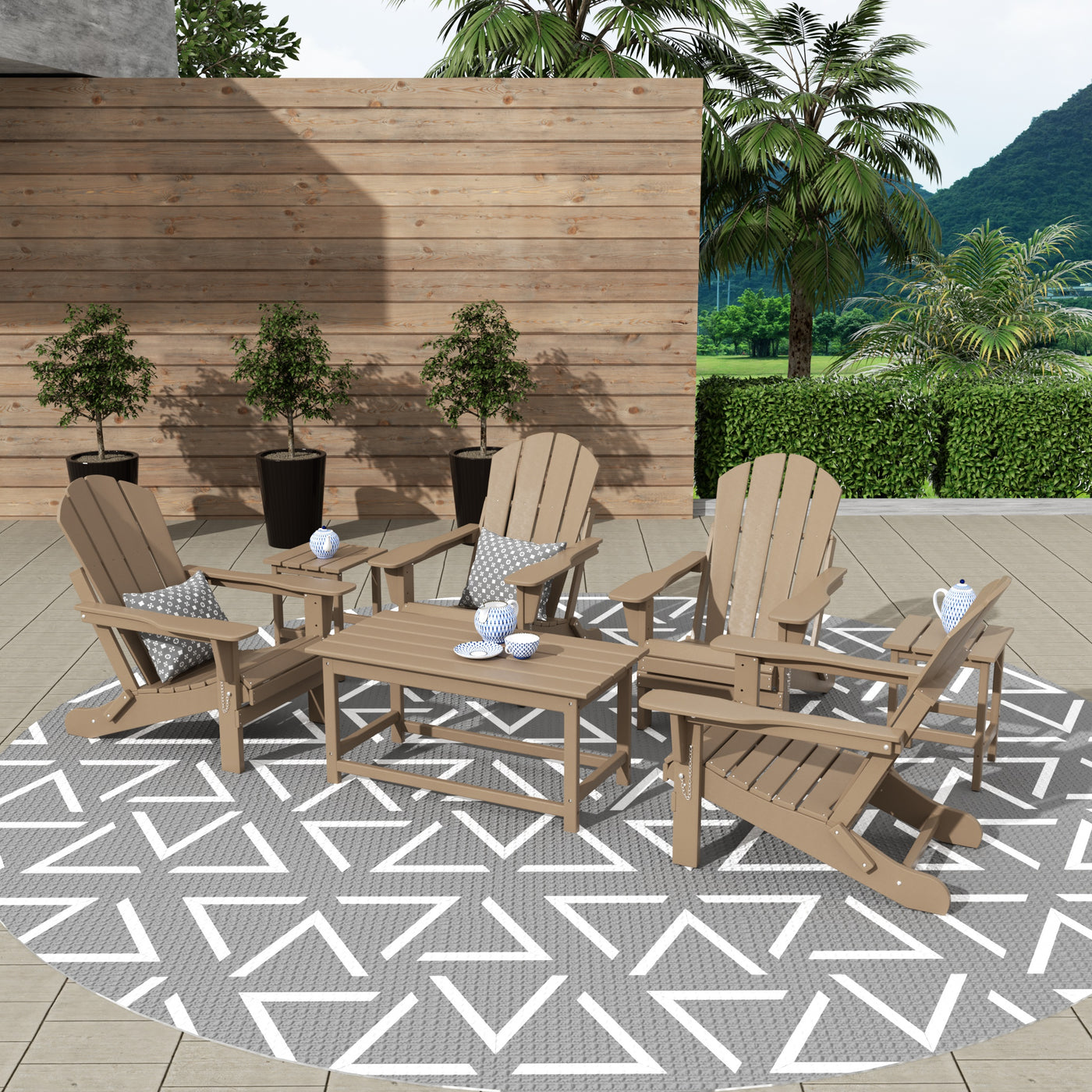 Malibu Outdoor Folding Poly Adirondack Chair with Coffee Table Side Table 7 Pieces Set
