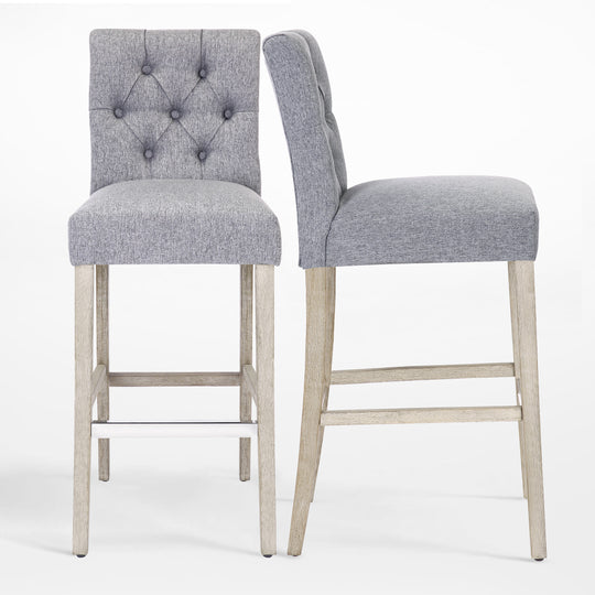 Hayes 29" Linen Fabric Tufted Bar Stool (Set of 2), Antique Gray