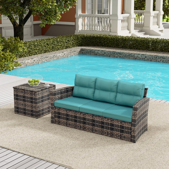 Helio 2-Piece Brown Wicker Outdoor Sofa with Cushions Side Table Set