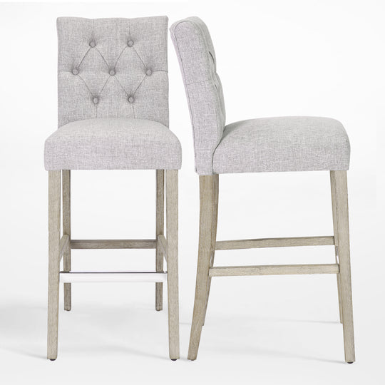 Hayes 29" Linen Fabric Tufted Bar Stool (Set of 2), Antique Gray