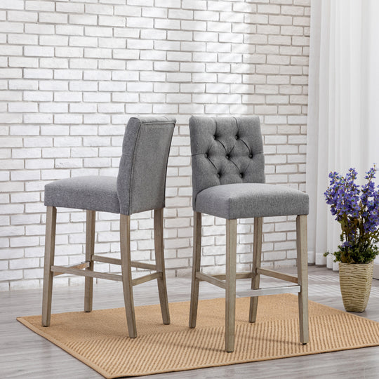 Hayes 29" Linen Fabric Tufted Bar Stool (Set of 2), Antique Gray