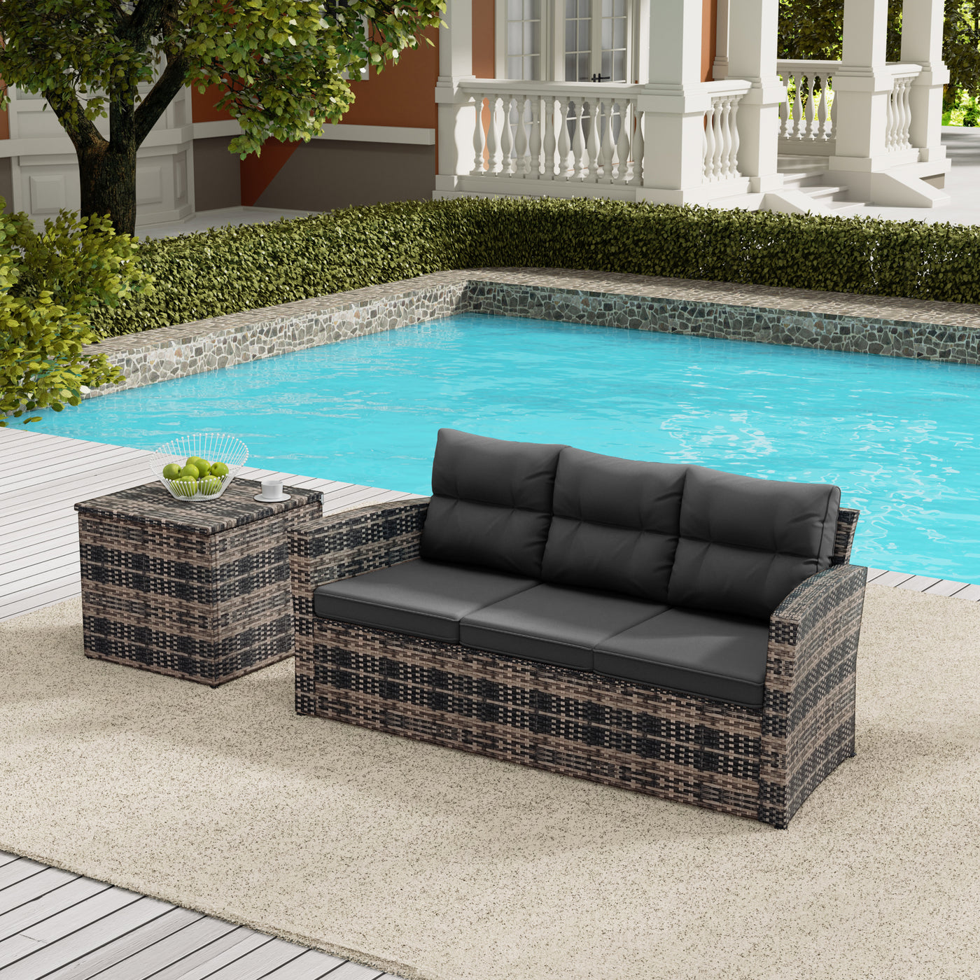 Helio 2-Piece Brown Wicker Outdoor Sofa with Cushions Side Table Set
