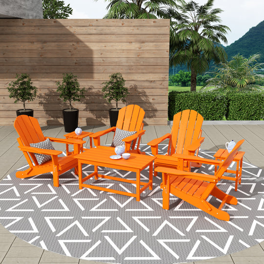 Malibu Outdoor Folding Poly Adirondack Chair with Coffee Table Side Table 7 Pieces Set