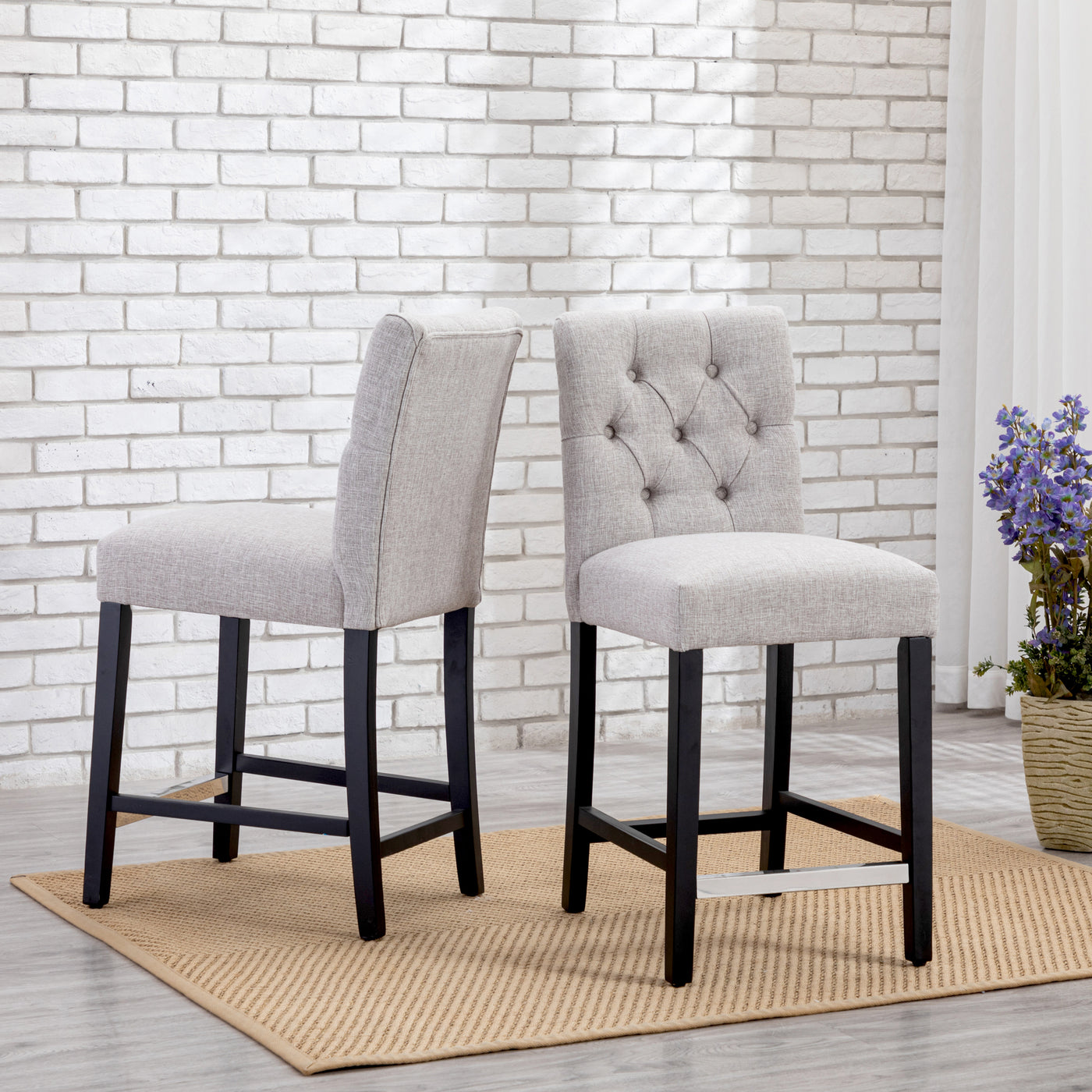 Hayes 24" Linen Fabric Tufted Counter Stool (Set of 2), Black