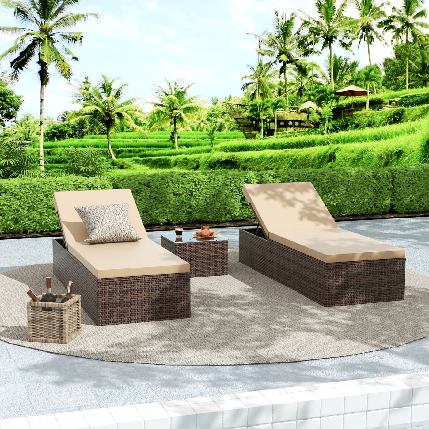 Muriel 3-Piece Outdoor Wicker Chaise Lounge with Side Table Set