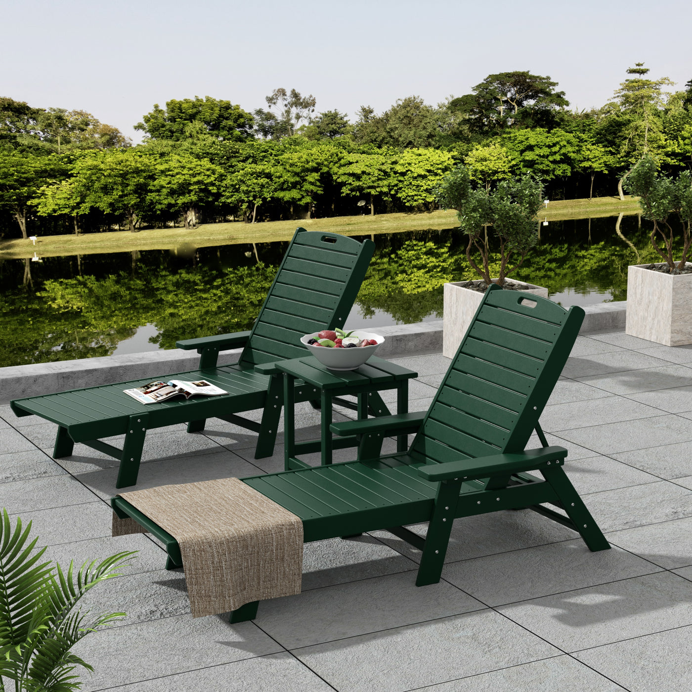 Malibu 3-Piece Adirondack Outdoor Chaise Lounge with Side Table Set