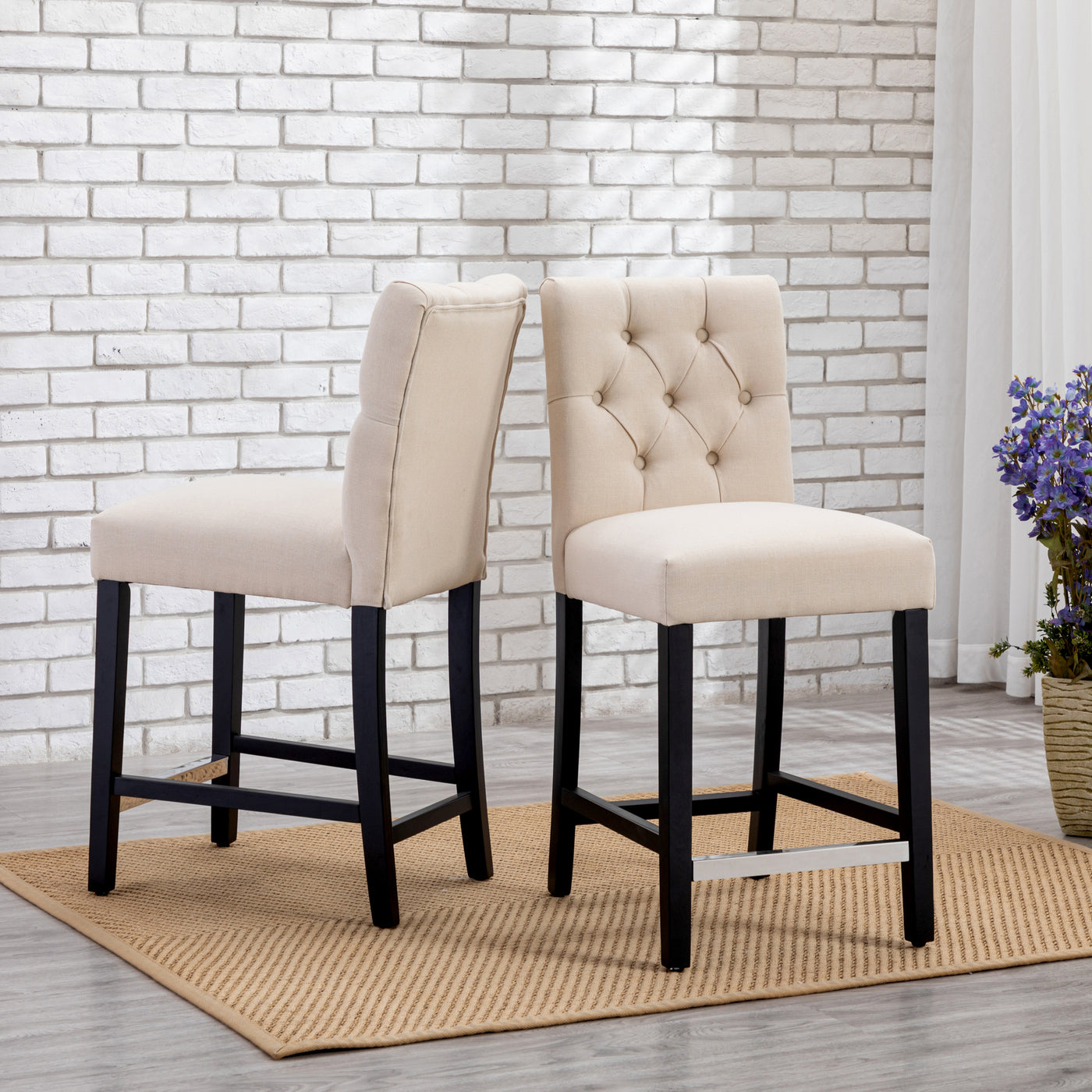 Hayes 24" Linen Fabric Tufted Counter Stool (Set of 2), Black