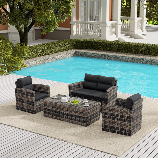 Helio 4-Piece Brown Wicker Conversation Sofa Set with Cushions