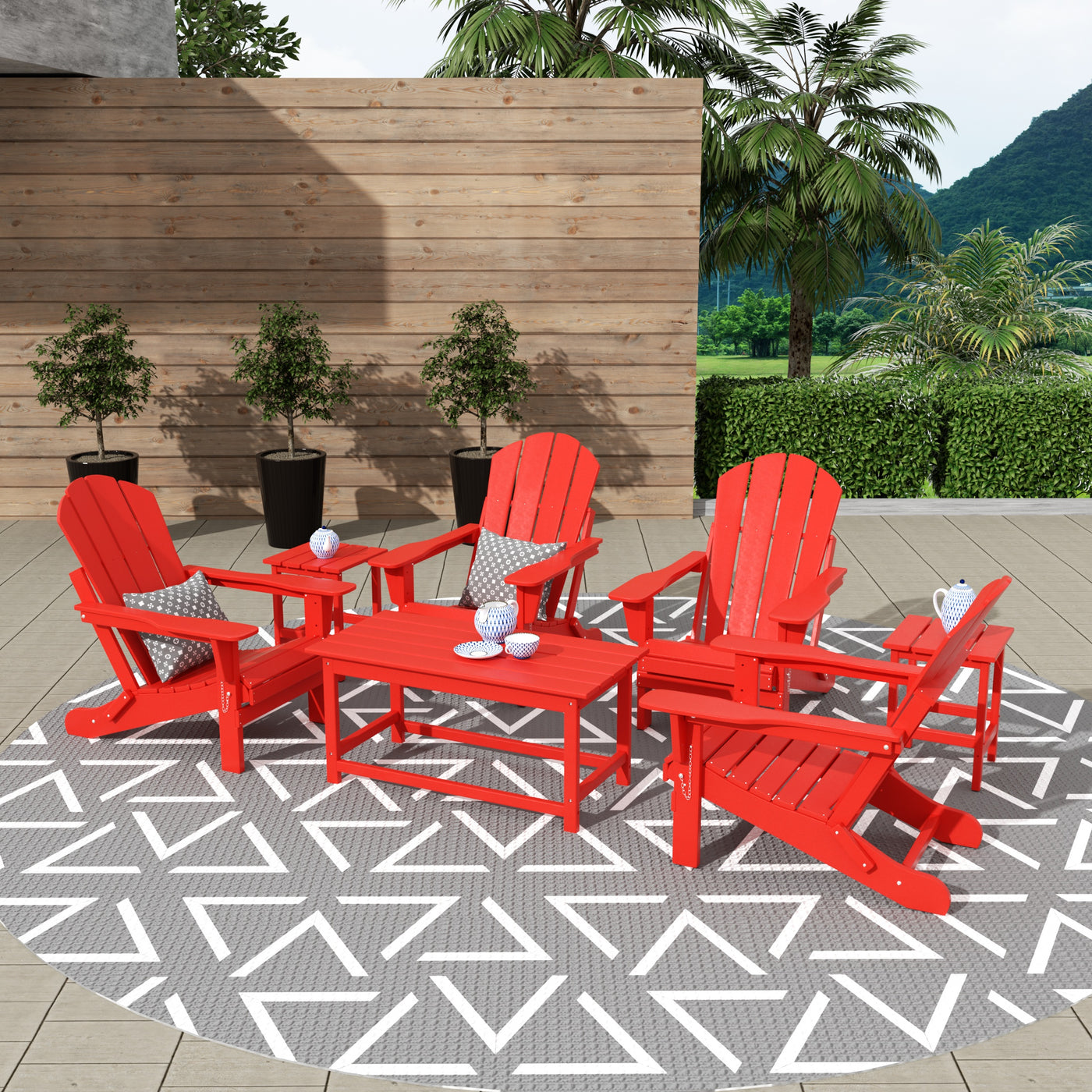 Malibu Outdoor Folding Poly Adirondack Chair with Coffee Table Side Table 7 Pieces Set