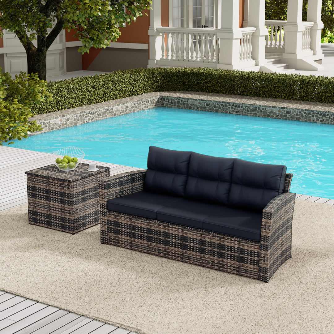 Helio 2-Piece Brown Wicker Outdoor Sofa with Cushions Side Table Set