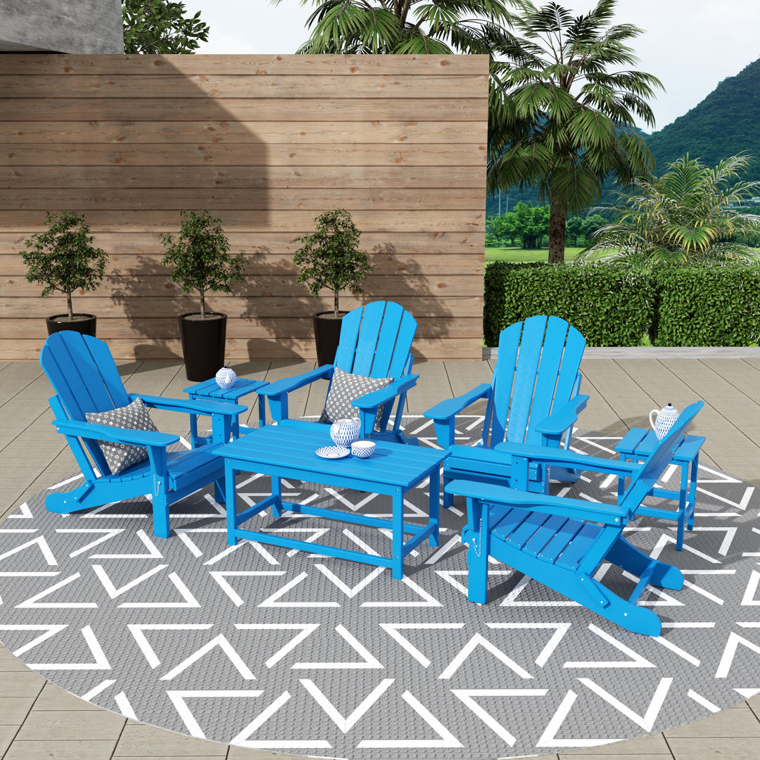 Malibu Outdoor Folding Poly Adirondack Chair with Coffee Table Side Table 7 Pieces Set