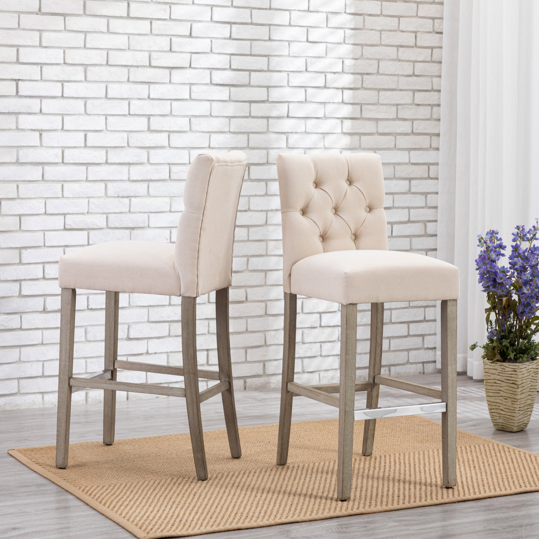 Hayes 29" Linen Fabric Tufted Bar Stool (Set of 2), Antique Gray