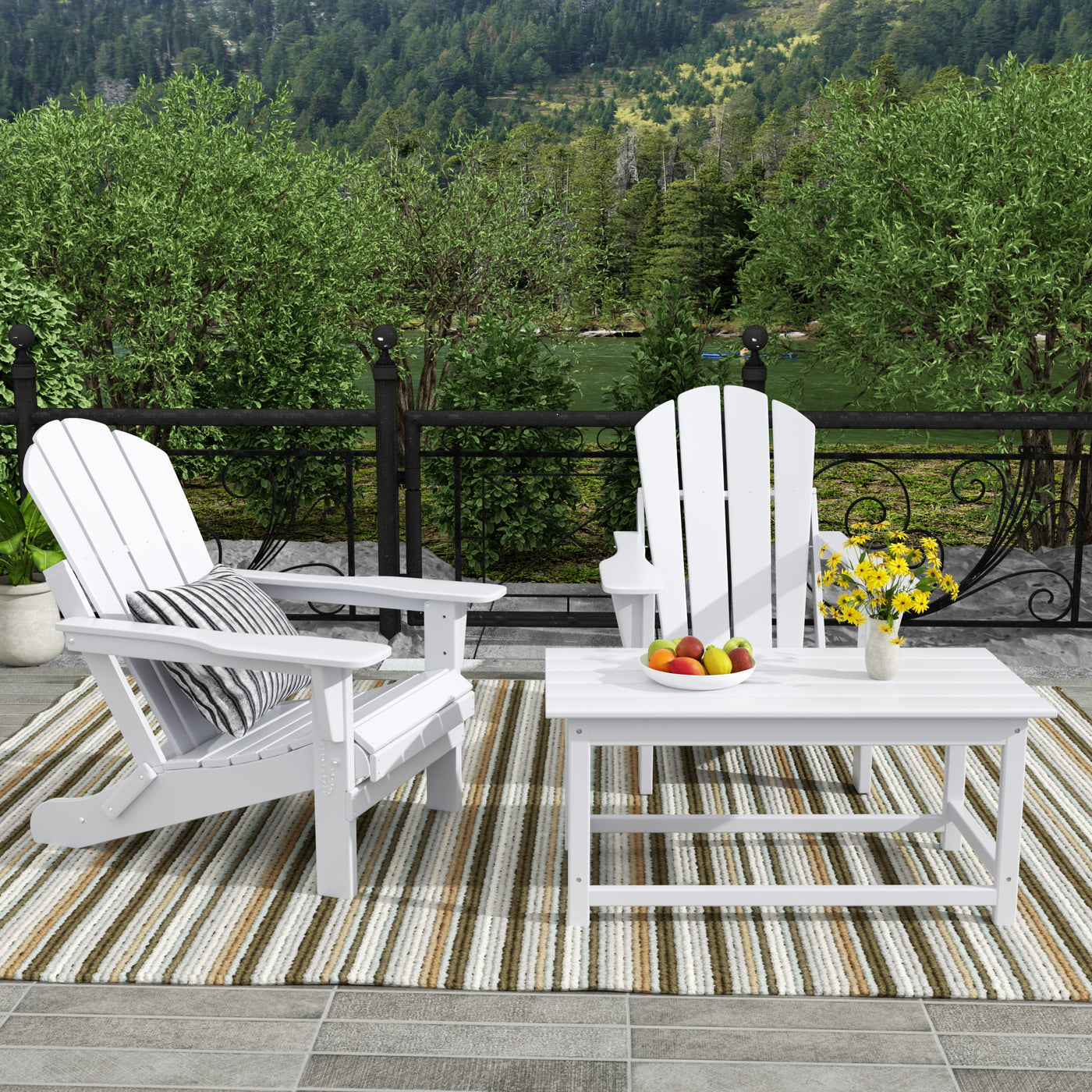 Malibu Outdoor Folding Poly Adirondack Chair with Coffee Table 3 Pieces Set