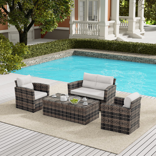 Helio 4-Piece Brown Wicker Conversation Sofa Set with Cushions